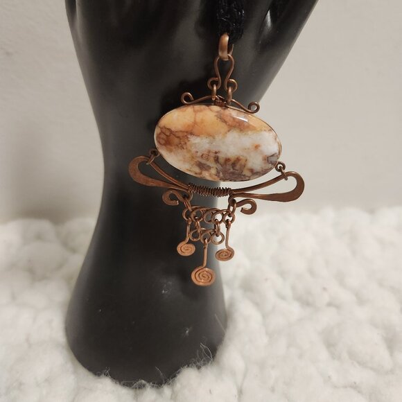 Gemstone Marble Oval Pendant Necklace – Copper Tone on Black Rope, Boho - Picture 1 of 11